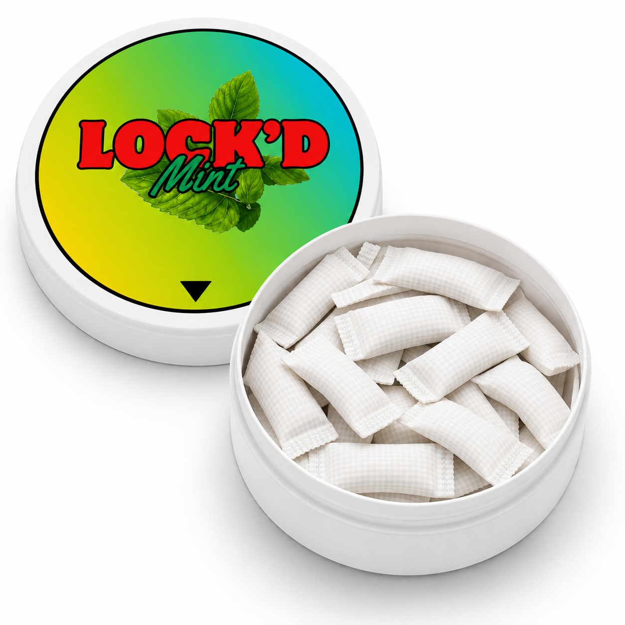 LOCK'D Mint tin open, showing fifteen white pouches inside