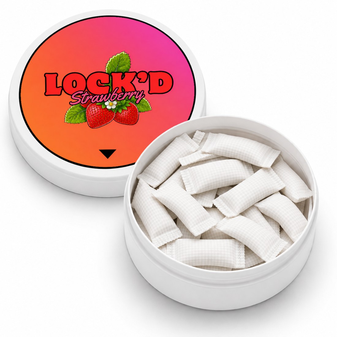 LOCK'D Strawberry tin open, showing fifteen white pouches inside